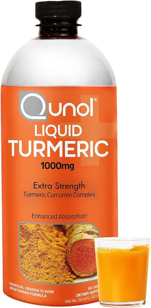 Front image: Qunol Liquid Turmeric Curcumin orange flavour liquid supplement bottle 900ml