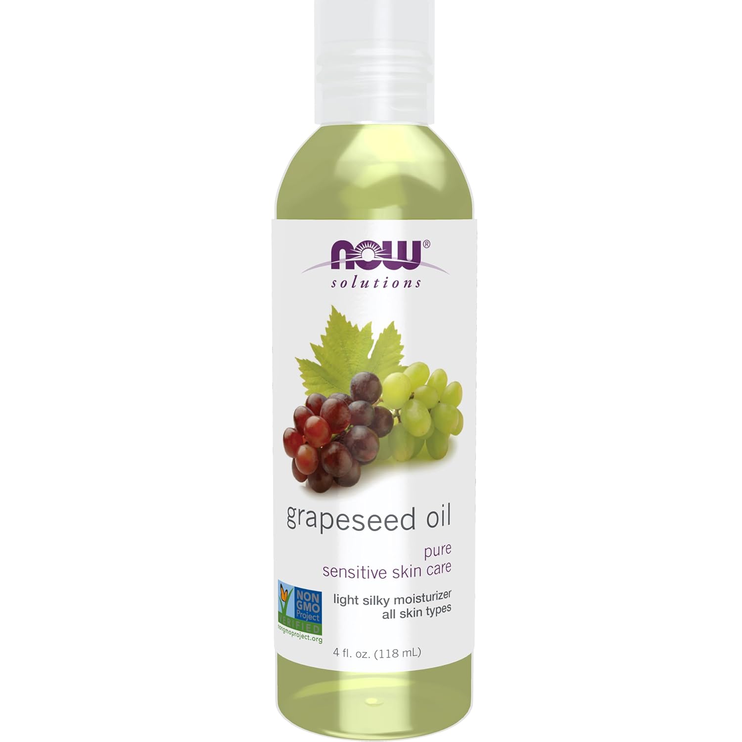 NOW Solutions 100% Pure Grapeseed Oil bottle, 118ml, on white background.