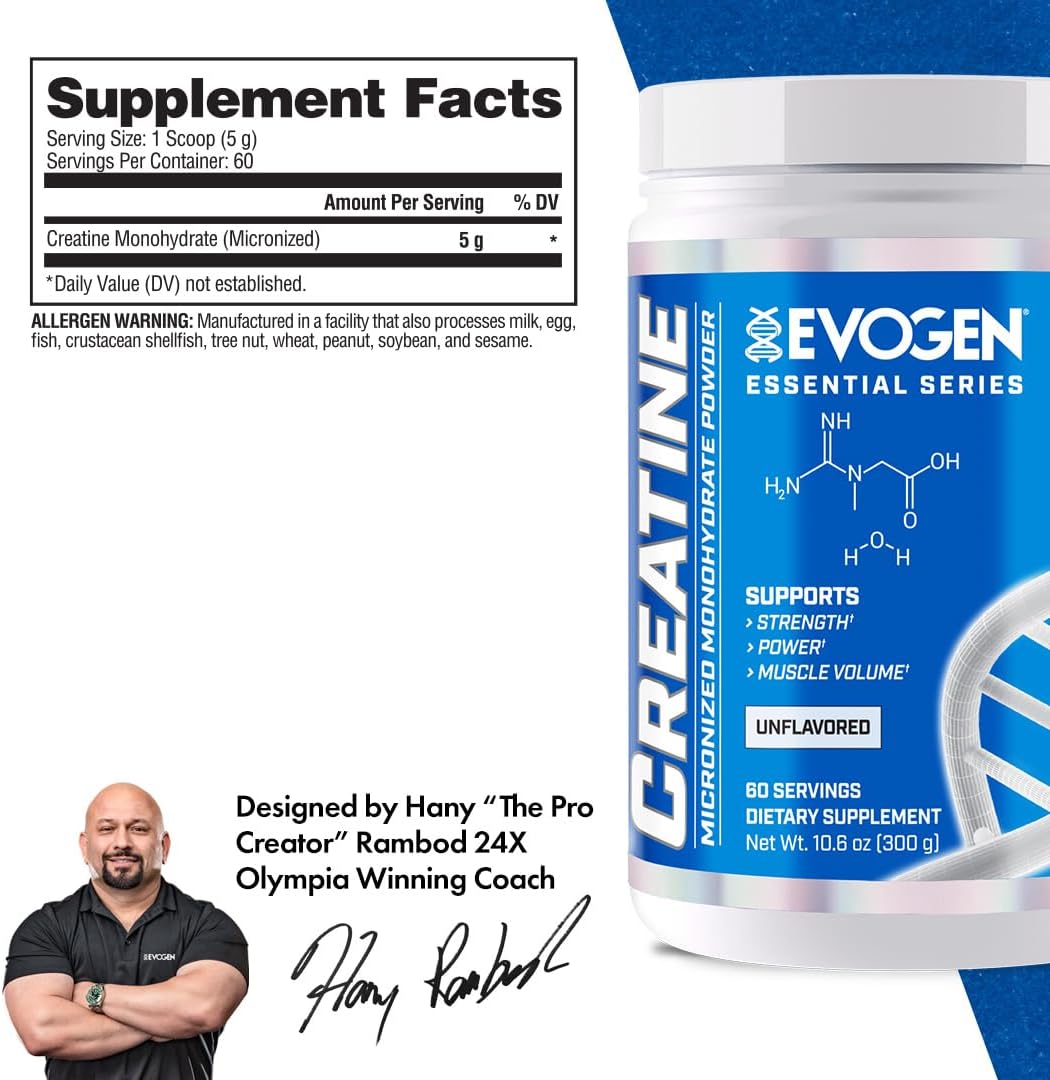 Evogen Creatine Monohydrate Powder 300g ingredients label panel