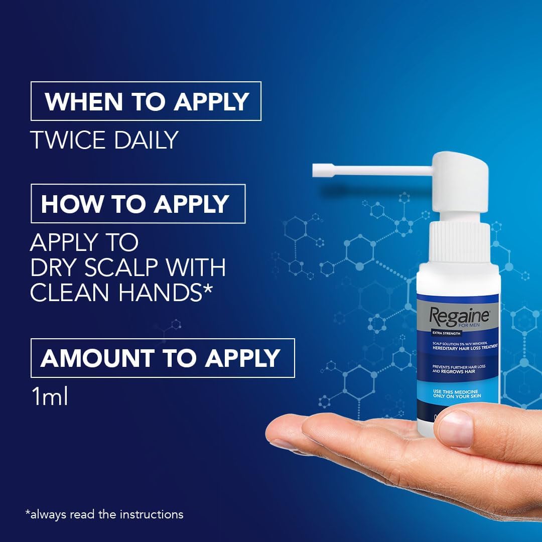Regaine hair care product with application instructions on a blue background