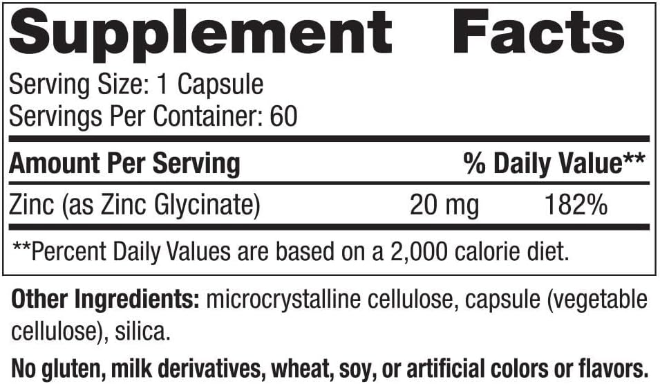 Supplement facts for Nordic Naturals Zinc Glycinate 60 capsules.