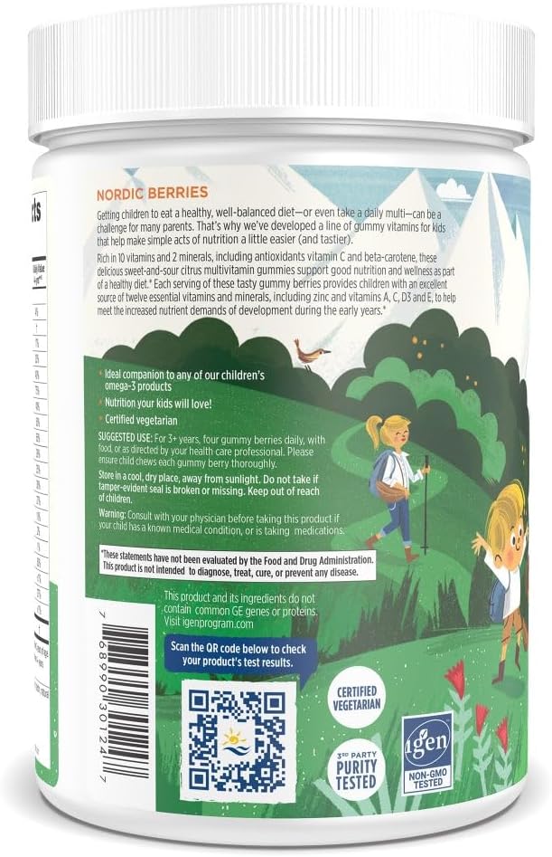 Supplement facts label and usage instructions for Nordic Berries children's gummy vitamins and barcode