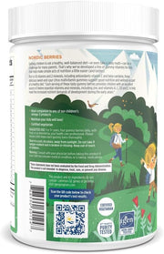Supplement facts label and usage instructions for Nordic Berries children's gummy vitamins and barcode