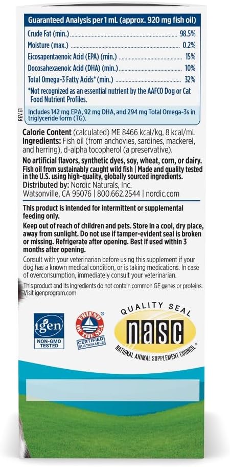 Supplement facts label and dosing guide for Nordic Naturals liquid pet supplement.