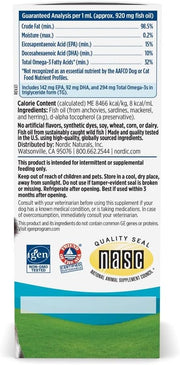 Supplement facts label and dosing guide for Nordic Naturals liquid pet supplement.