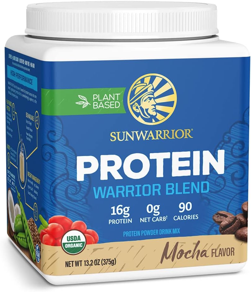 Sunwarrior Organic Plant-Based Protein Powder tub, mocha flavour 375g.