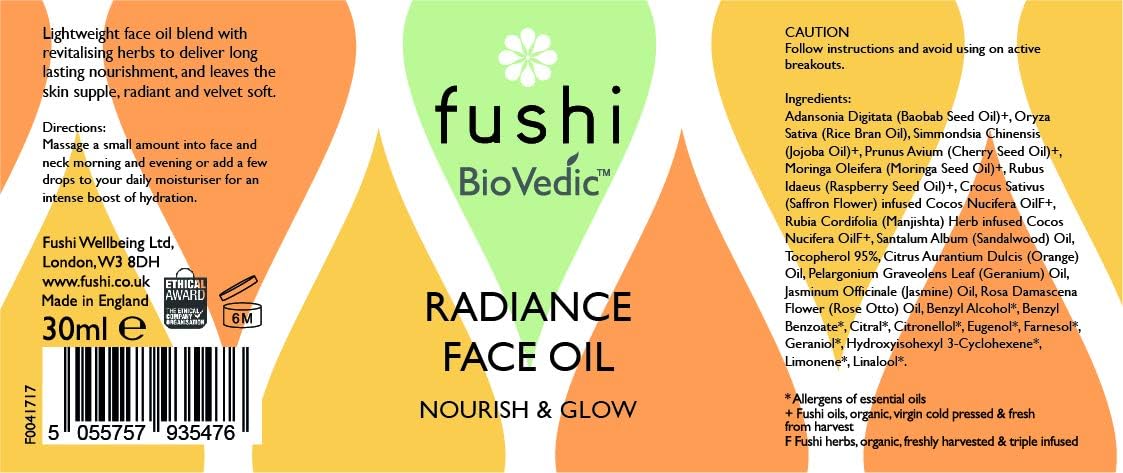 Fushi BioVedic Radiance Face Oil packaging with label details.