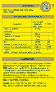MacuShield Gold eye supplement back packaging with ingredients on white background