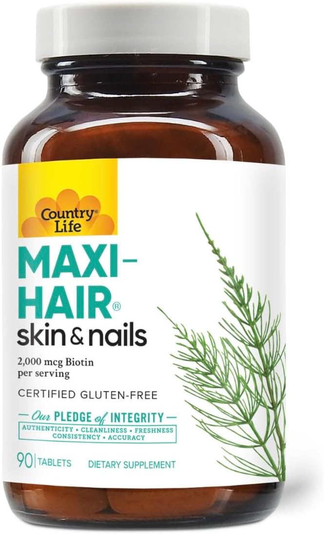 Country Life Maxi-Hair Supplement bottle, 90 tablets.