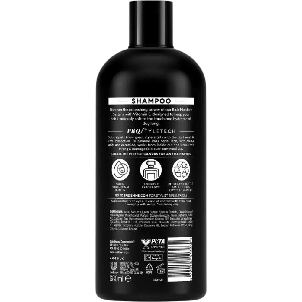 TRESemmé Rich Moisture Shampoo with Vitamin E 680ml packaging showing ingredients and product information & barcode