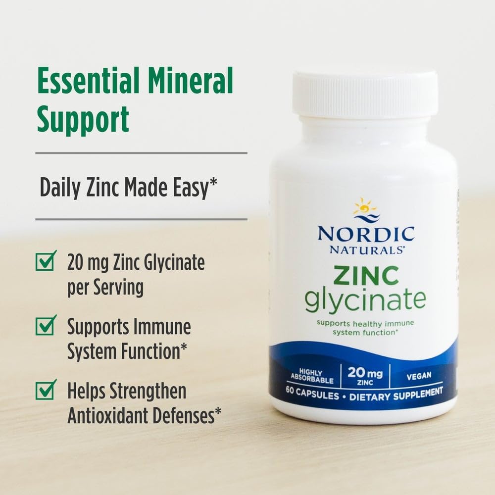 Nordic Naturals Zinc Glycinate 20mg, 60 vegan capsule bottle.