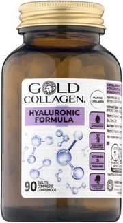 Gold Collagen Hyaluronic Formula supplement bottle with label on a white background