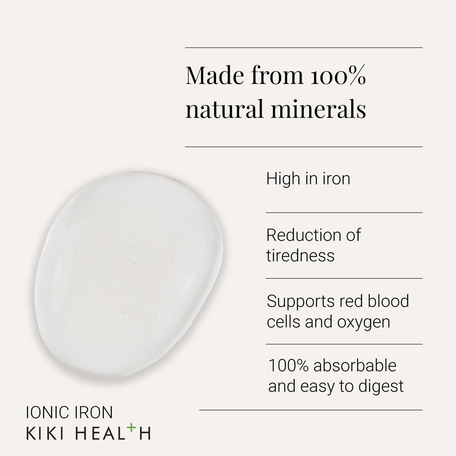 Supplement facts & ingredients image: KIKI Health ionic iron liquid drops ingredient panel bottle 50ml