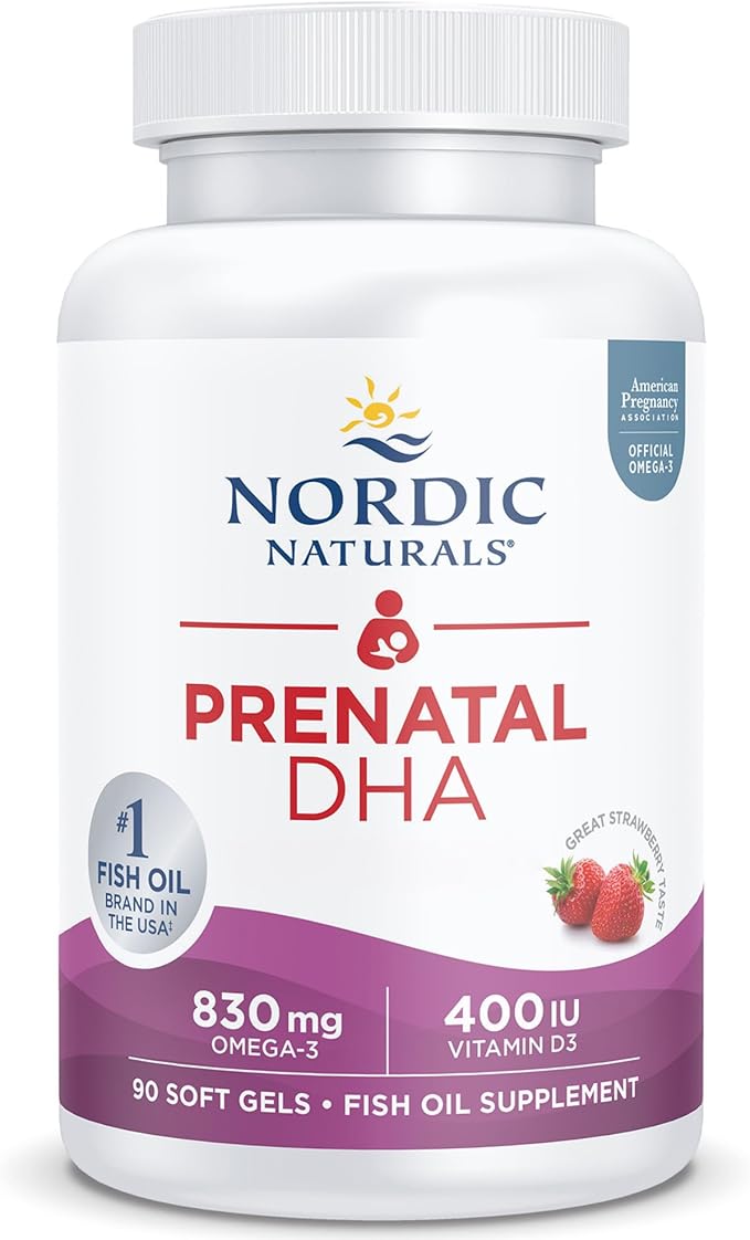 Nordic Naturals Prenatal DHA supplement bottle, Strawberry Flavoured 90 softgels.