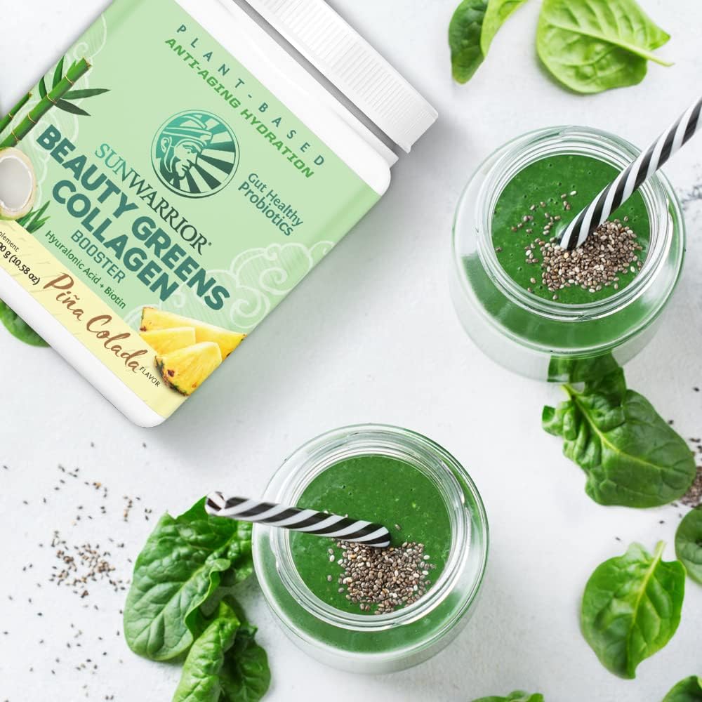 Sunwarrior Beauty Greens Collagen Superfood Drink next to a full glass