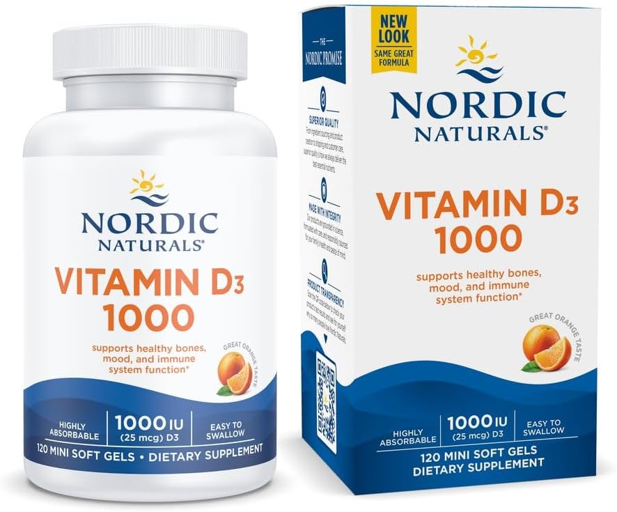 Nordic Naturals Vitamin D3 1000 IU Orange Flavour bottle & box with 120 mini softgels.
