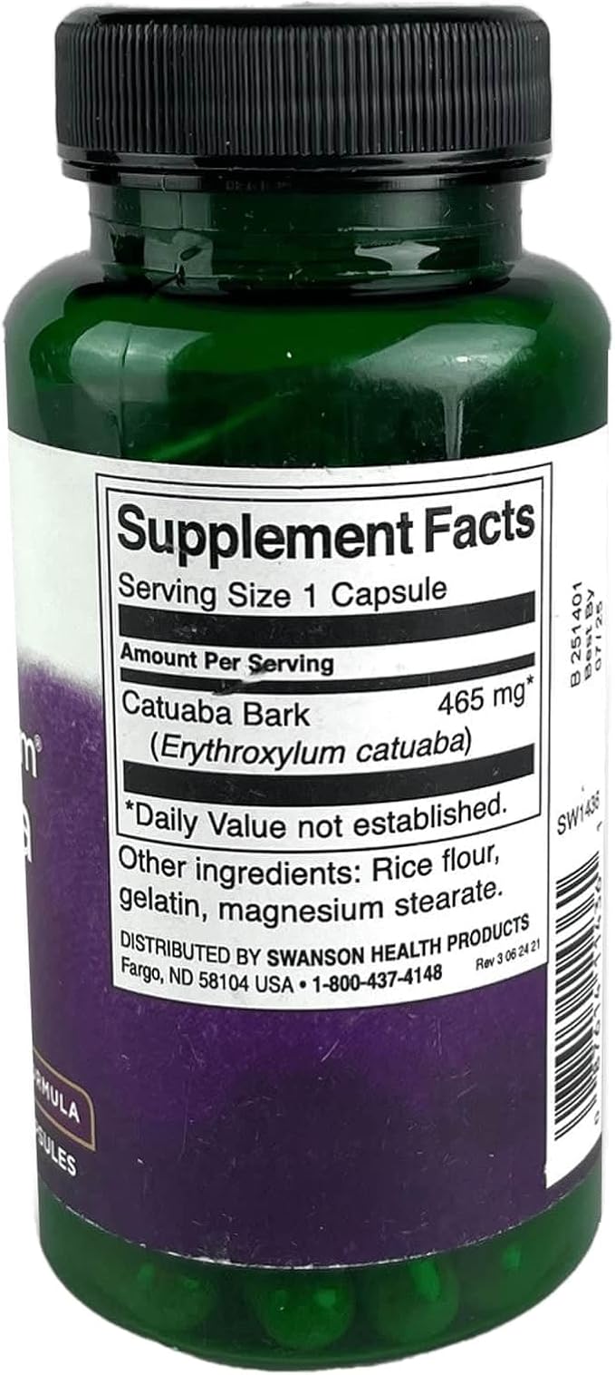 Back: Supplement facts label for Catuaba Bark botanical supplement.