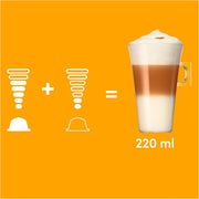 How to Use: Glass mug showing the three layers of latte macchiato with pods.