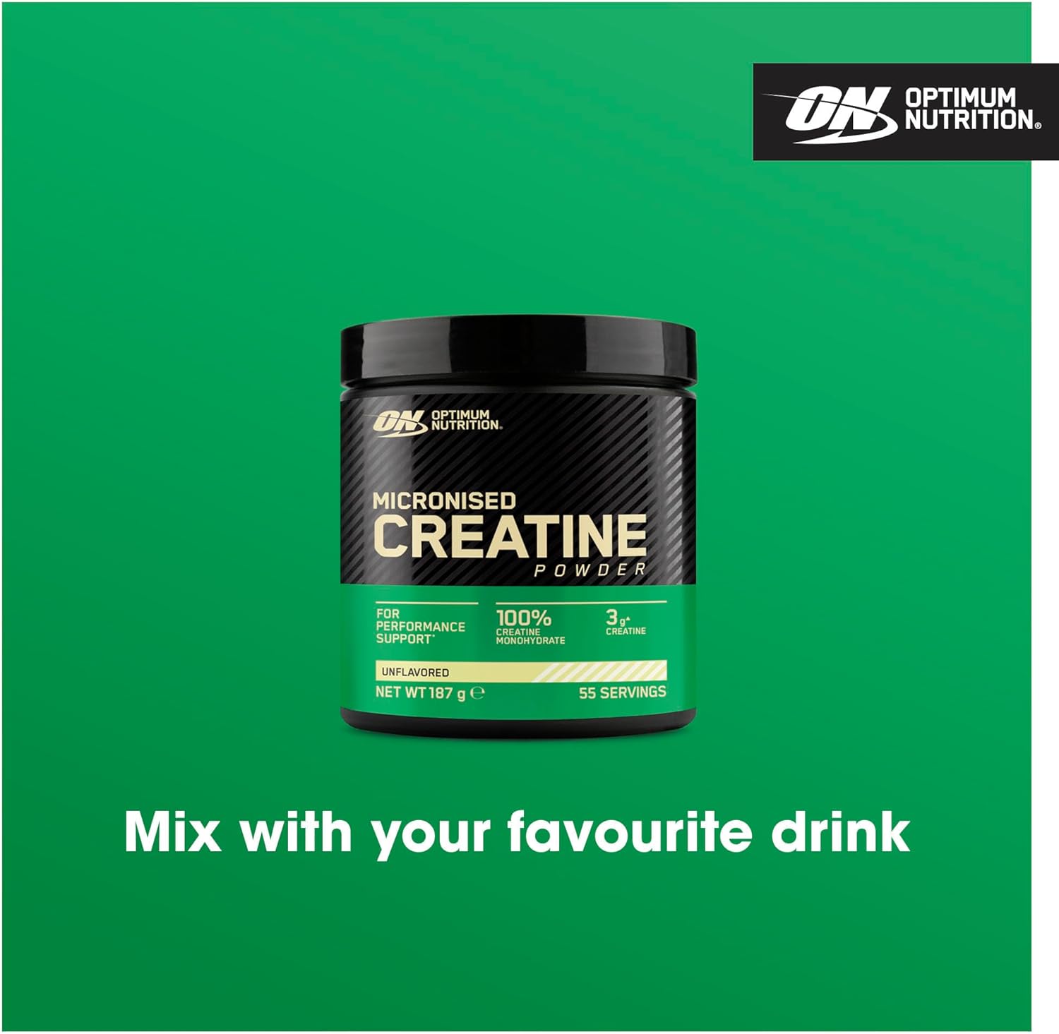 Optimum Nutrition Micronised Creatine Powder container on a green background