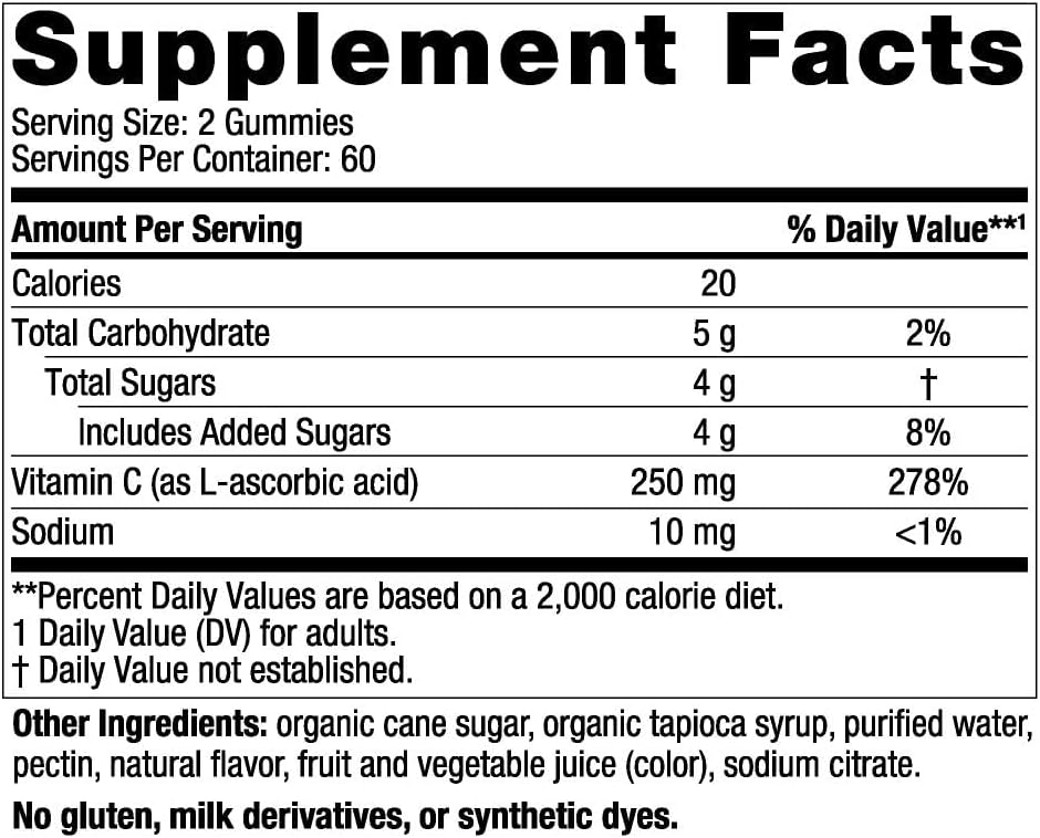 Supplement facts label for vegan Vitamin C gummies, dosage instructions