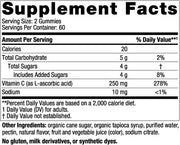 Supplement facts label for vegan Vitamin C gummies, dosage instructions