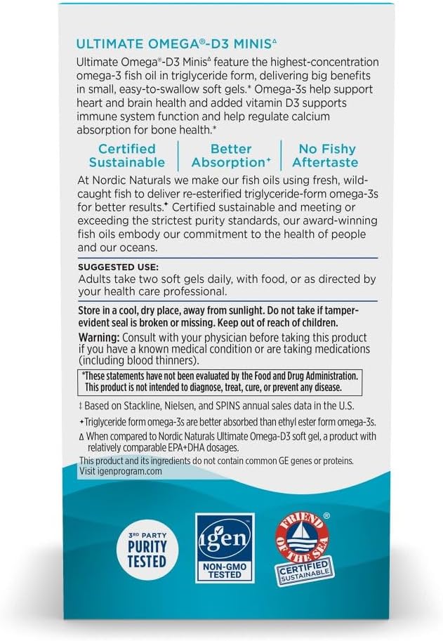 Supplement facts label for Ultimate Omega D3 mini gels.