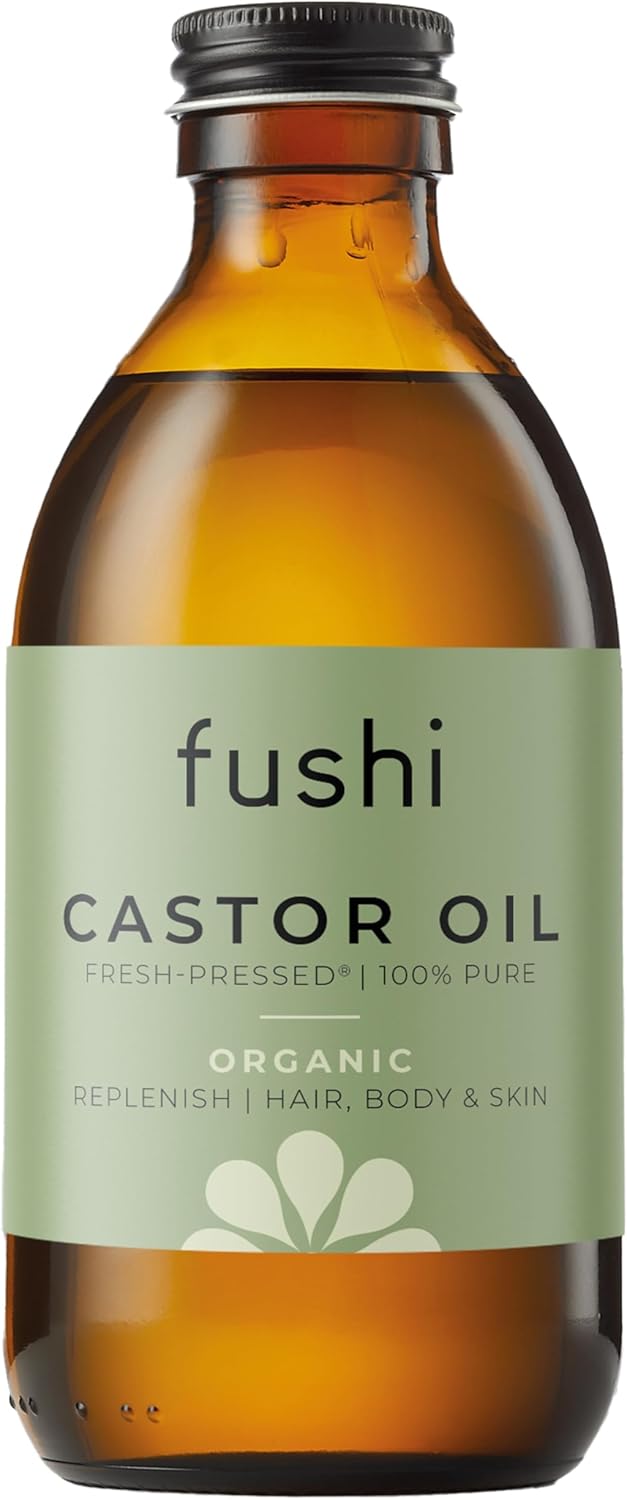 Fushi Castor Oil bottle with a green label on a white background
