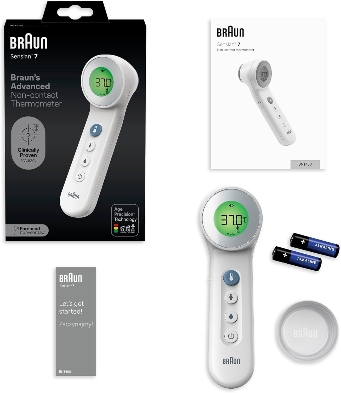 Braun Sensian 7 Advanced Non-Contact Forehead Thermometer BNT400 packaging inclusions