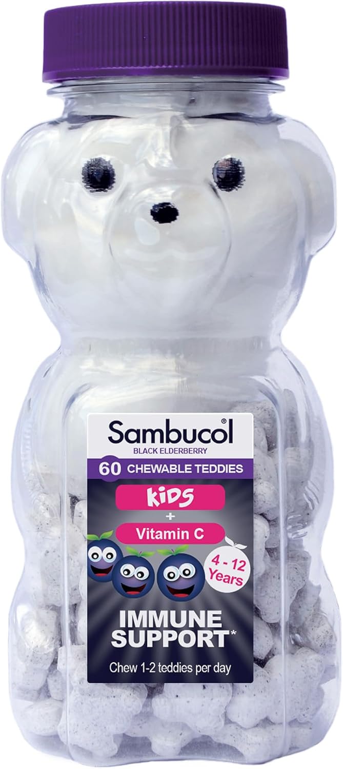 Sambucol immune support chewable teddies for kids in a bear-shaped container.
