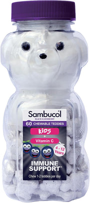 Sambucol immune support chewable teddies for kids in a bear-shaped container.