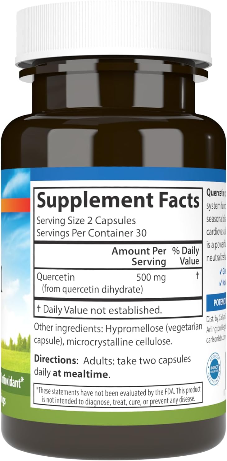 Supplement facts & ingredients image: Carlson Quercetin 500 mg supplement facts vegetarian capsules 120 count