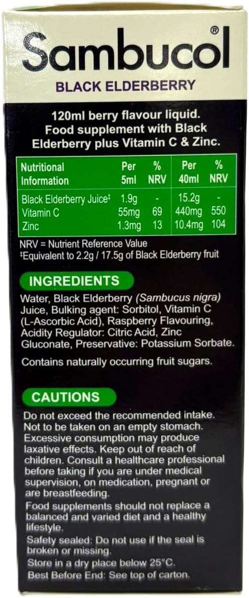 Sambucol Black Elderberry supplement packaging with nutritional information and ingredients list.