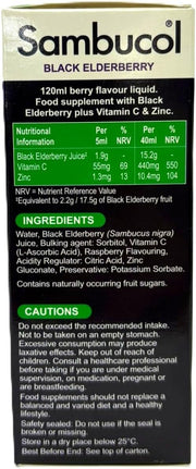Sambucol Black Elderberry supplement packaging with nutritional information and ingredients list.