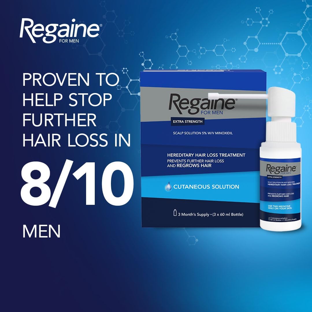 Regaine for men hair loss treatment packaging on a blue background with text about effectiveness.