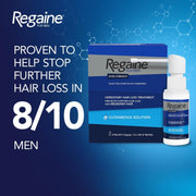 Regaine for men hair loss treatment packaging on a blue background with text about effectiveness.