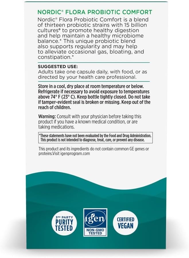 Supplement facts label for Nordic Naturals probiotic with 13 strains and prebiotics.
