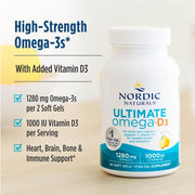 Nordic Naturals Ultimate Omega Xtra lemon flavor high potency 60 soft gel bottle.