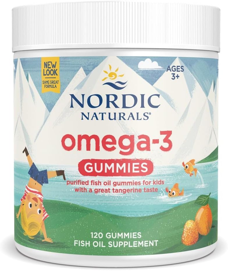 Nordic Naturals Omega-3 Tangerine Gummies bottle - 120 gummies, on white background.