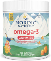 Nordic Naturals Omega-3 Tangerine Gummies bottle - 120 gummies, on white background.
