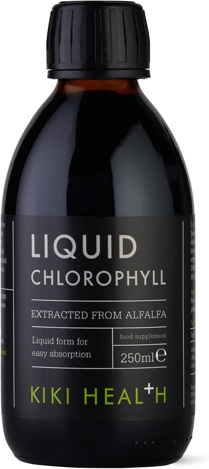 Front image: KIKI Health liquid chlorophyll from alfalfa vegan liquid bottle 250ml