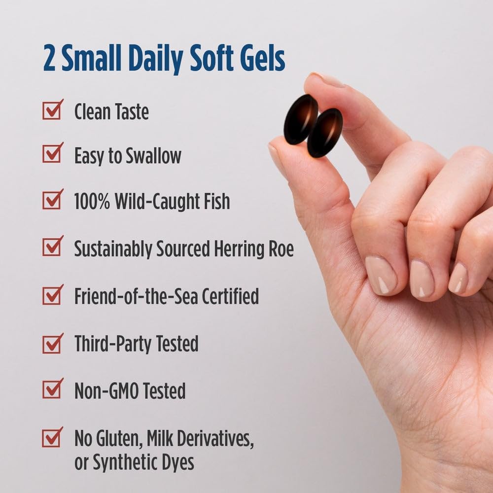 A hand holding two dark soft gel capsules next to a text list describing product benefits, including clean taste, easy to swallow, 100% wild-caught fish, sustainably sourced herring roe, and third-party testing.