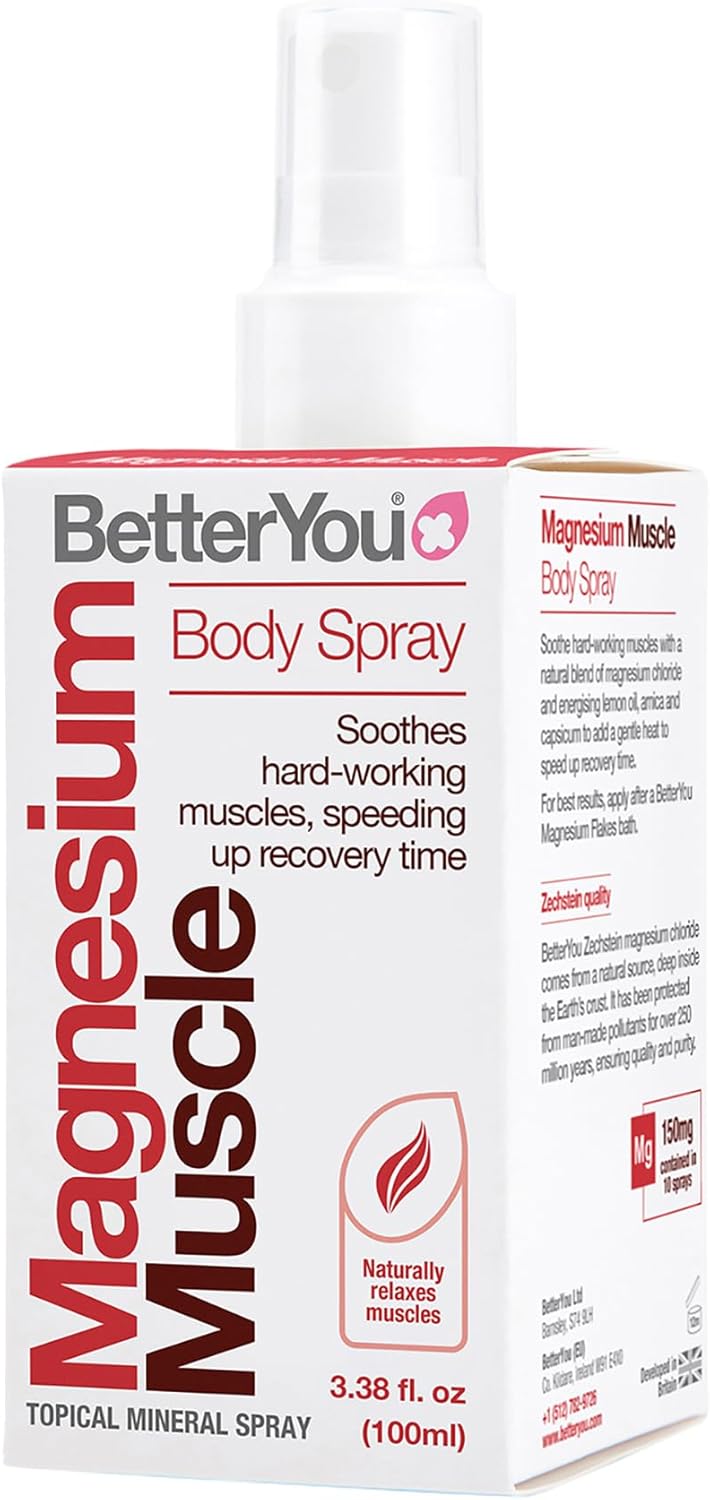 Front: BetterYou Magnesium Mineral Body Spray bottle & box, 100ml.