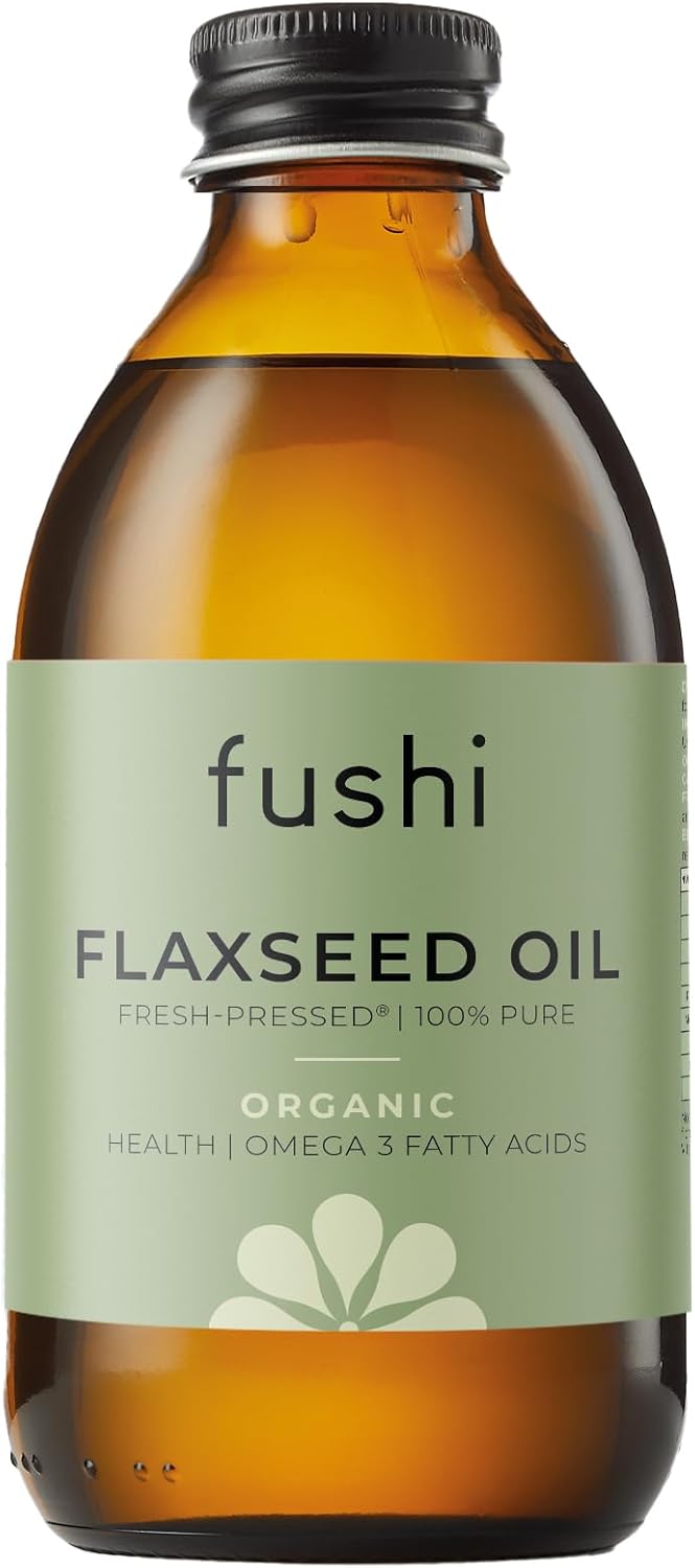 Fushi Flaxseed Oil bottle with a green label on a white background