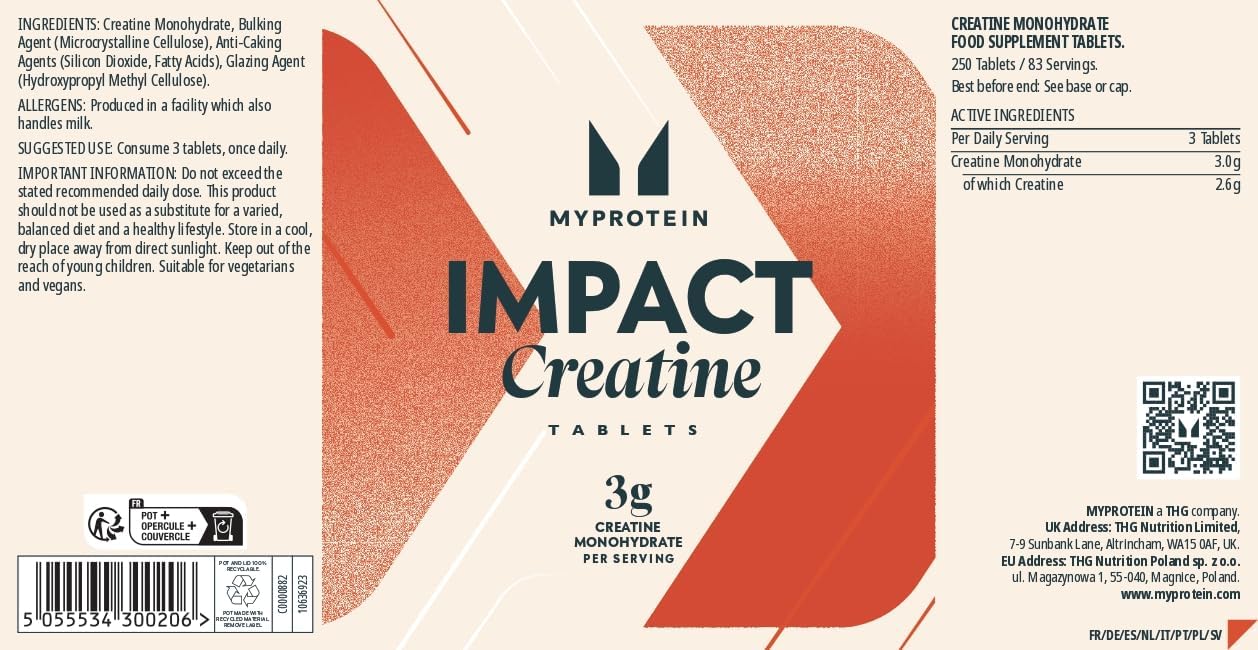 Back of Myprotein creatine tablets showing supplement facts, ingredients and barcode.