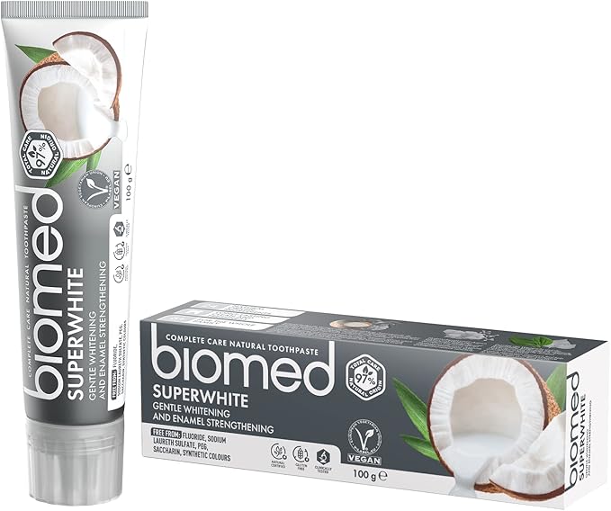 BIOMED Superwhite Natural Coconut Toothpaste tube & box, 100g, on a clean background.