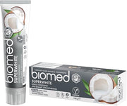 BIOMED Superwhite Natural Coconut Toothpaste tube & box, 100g, on a clean background.