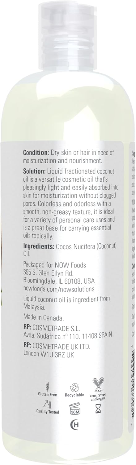 Supplement facts label and usage instructions for NOW Fractionated Coconut Oil.
