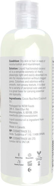 Supplement facts label and usage instructions for NOW Fractionated Coconut Oil.
