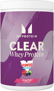 Myprotein Clear Whey Isolate protein powder tub, Vimto flavour, 1kg size.
