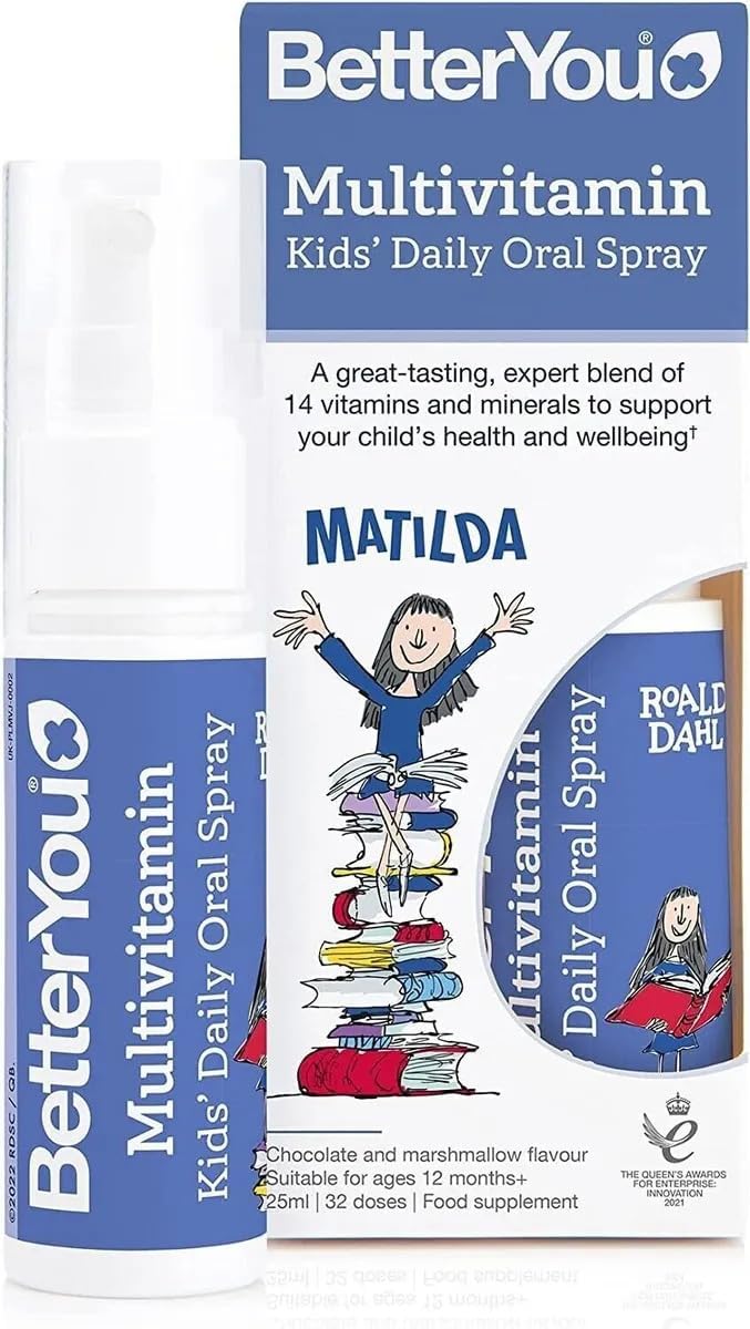 BetterYou Multivitamin Kids Oral Spray bottle & box, chocolate marshmallow flavour, 25ml.